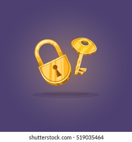 Lock And Key Or Lock With Key Icon In Cartoon Style. Sign Unlocking, Access, Password. Game  Icons. Vector Illustration. EPS 10 