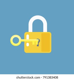 Lock and key or lock with key icon in flat style. Padlock with key. Sign unlocking, access, password.