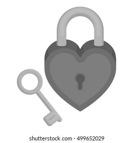 Lock and key icon in monochrome style isolated on white background. Romantic symbol stock vector illustration.