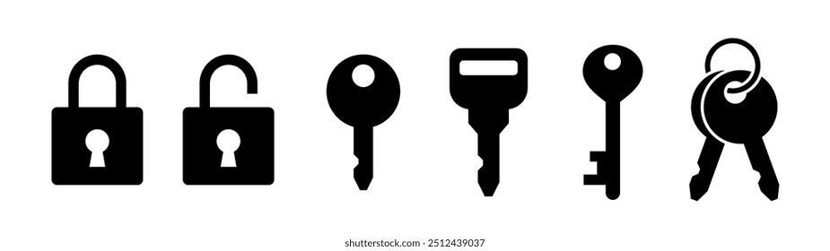 Conjunto de iconos de bloqueo y llave. Icono de silueta de color negro sobre fondo blanco.