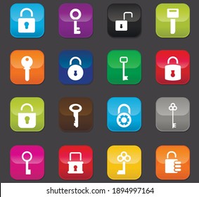 Lock and Key icon set for web sites and user interface. Colored buttons on a dark background