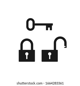 Lock And Key Icon Symbol Set. Open And Closed Padlock With Keyhole. Security Access Logo. Privacy Safety Sign Collection. Vector Illustration Image. Black Silhouette Shape Isolated On White Background