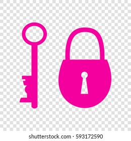 Lock and key icon. Vector. Magenta icon on transparent background.