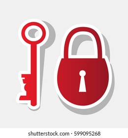 Lock and key icon. Vector. New year reddish icon with outside stroke and gray shadow on light gray background.