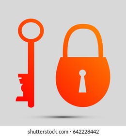 Lock and key icon. Vector. Orange, red-yellow icon with shadow on gray background.