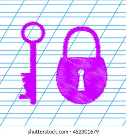 Lock and key icon. Violet scribble icon with school paper.