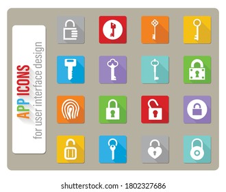 lock and key icons set in flat design with long shadow