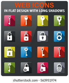 lock and key icons set in flat design with long shadow