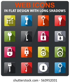 lock and key icons set in flat design with long shadow