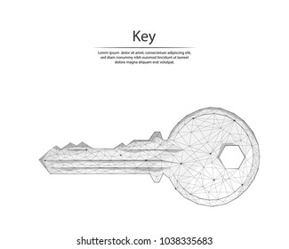 Lock key isolated low poly wireframe on white background. Data storage and protection. Digital graphics. Consisting of dots and lines.