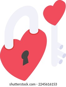 Lock and Key isometric view concept, Heart Shape Padlock with Key Vector Icon Design, Love and romance symbol, Valentines Day Sign, fascination and glamour stock illustration