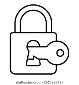 Lock with key in keyhole thin line icon, hacker attacks concept. Vector graphics. Unlocking padlock, protection sign on white background, linear style for mobile or design