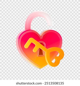 Cerradura y llave Amor Forma del corazón 3D estilo aislado Vector especial para temas de amor y el día de San Valentín