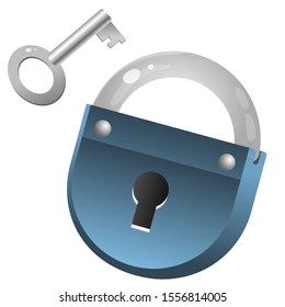 Lock with key. Metal padlock. Isolated elements for icon or symbol. Protection and security. Color image on white background. Vector illustration.