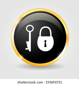 Lock and key on the Black shiny button with metallic elements, vector design for website.