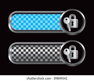 lock and key on blue and black checkered banners
