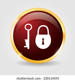 Lock and key on the red shiny button with metallic elements, vector design for website.
