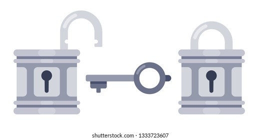 Lock and key. Open and locked locks, safety padlock keyhole. Opening lock, car unlock key or mechanical door locker. Safety flat vector illustration