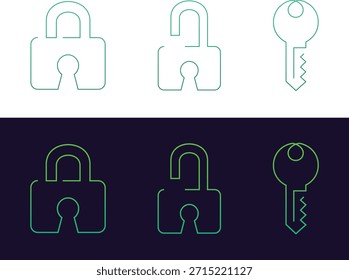 Conjunto de iconos de bloqueo y contorno de tecla. Símbolos de candado abiertos y cerrados. Trazo verde neón claro. fondo blanco y oscuro. Seguridad, privacidad, acceso al Inicio de sesión, protección de Contraseñas e iconos de interfaz de usuario de ciberseguridad