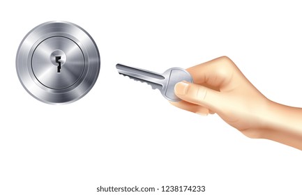 Lock and key realistic design concept with metallic door keyhole and hand holding key vector illustration