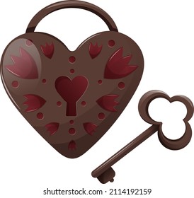 Lock and key in the shape of a heart. Happy valentines day. Vector element, holiday sticker on a transparent background, congratulations for loved ones, date, declaration of love.