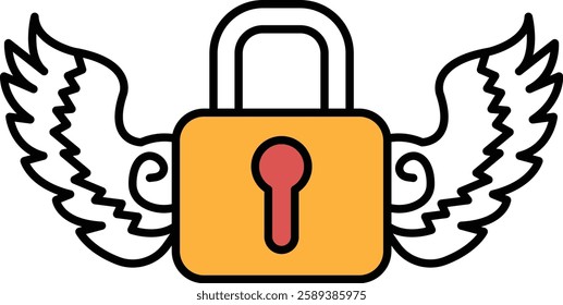 A lock with a key is shown with wings. The lock is yellow and the key is red