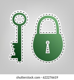 Lock and key sign. Vector. Green icon with outline for cutting out at gray background.