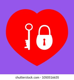 Lock and key sign. Vector. White icon in red heart at lavender background.