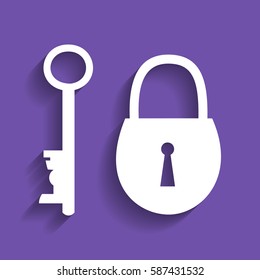 Lock and key sign. Vector. White icon with soft shadow on grape violet background.