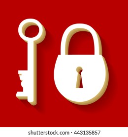 Lock and key sign. White button icon with wood color and shadow on dark red background.