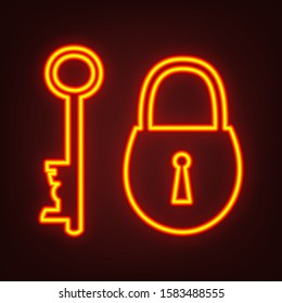 Lock and key sign. Yellow, orange, red neon icon at dark reddish background. Illumination. Illustration.