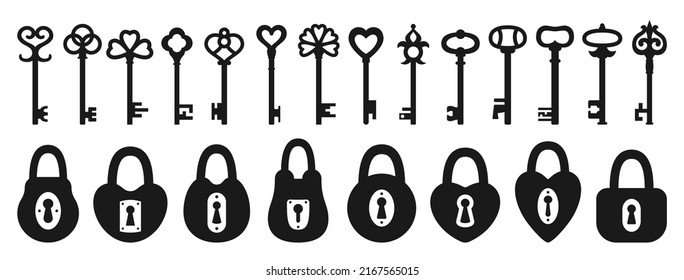 Lock and Key silhouette icon set. Old padlock for safety and security protection vintage design element. Private access symbol keys and locks for logo, game, web or app ui sign locking privacy