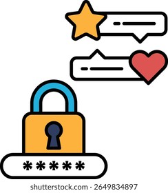 A lock with a key and a star above it. The lock and the key are both yellow, and the star is also yellow. The heart is red
