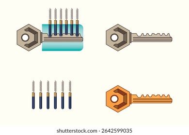 Lock, Lock and key system. Door key. Door lock. Combination lock and key. Opening the door.
