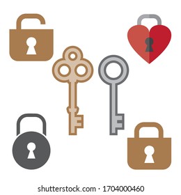 Lock and key vector icon or sign set.