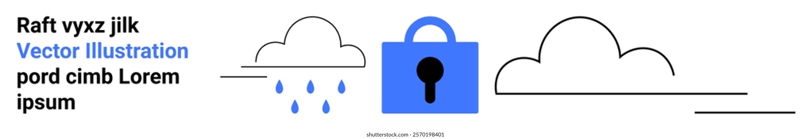 Lock with keyhole between two clouds and raindrops. Ideal for data security, cloud computing, information protection, online privacy, network security. Banner for landing page