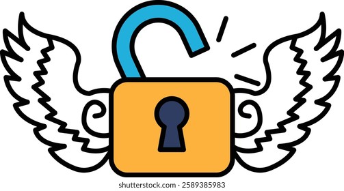 A lock with a keyhole and a blue arrow pointing to it. The lock is surrounded by wings, which are white and blue. The wings are open, and the lock is closed