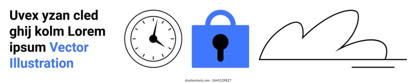 Bloquear com furo de fechadura, relógio e contorno de nuvem com texto de exemplo. Ideal para segurança cibernética, proteção de dados, armazenamento em nuvem, gerenciamento de tempo, segurança online e privacidade. Faixa para a página inicial