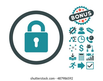 Lock Keyhole pictograph with bonus elements. Vector illustration style is flat iconic bicolor symbols, soft blue colors, white background.