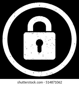 Lock Keyhole rubber seal stamp watermark. Icon symbol inside circle frame with grunge design and dust texture. Scratched vector white ink sign on a black background.