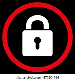 Lock Keyhole vector bicolor rounded icon. Image style is a flat icon symbol inside a circle, red and white colors, black background.