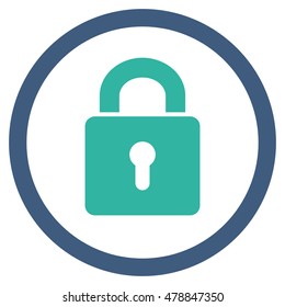 Lock Keyhole vector bicolor rounded icon. Image style is a flat icon symbol inside a circle, cobalt and cyan colors, white background.