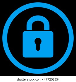Lock Keyhole vector rounded icon. Image style is a flat icon symbol inside a circle, blue color, black background.