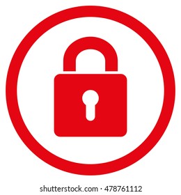 Lock Keyhole vector rounded icon. Image style is a flat icon symbol inside a circle, red color, white background.