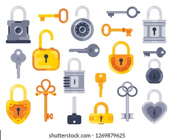 Lock with keys. Golden key, access padlock and closed safe padlocks. Safety privacy secure keys, security door and car locks isolated flat vector isolated icons set