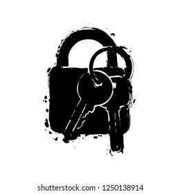 lock with keys icon. Black ink with splashes on white background
