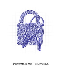 lock with keys icon. Hand drawn sketched picture with scribble fill. Blue ink. Doodle on white background