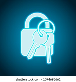 lock with keys icon. Neon style. Light decoration icon. Bright electric symbol