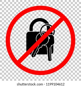 lock with keys icon. Not allowed, black object in red warning sign with transparent background