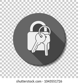 lock with keys icon. White flat icon with long shadow in circle on transparent background